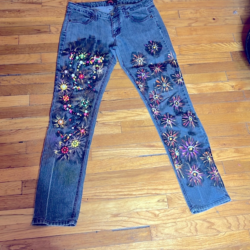 Refurbished black denim hand painted/embellished  jeans, brand is ‘21’. Slim fit